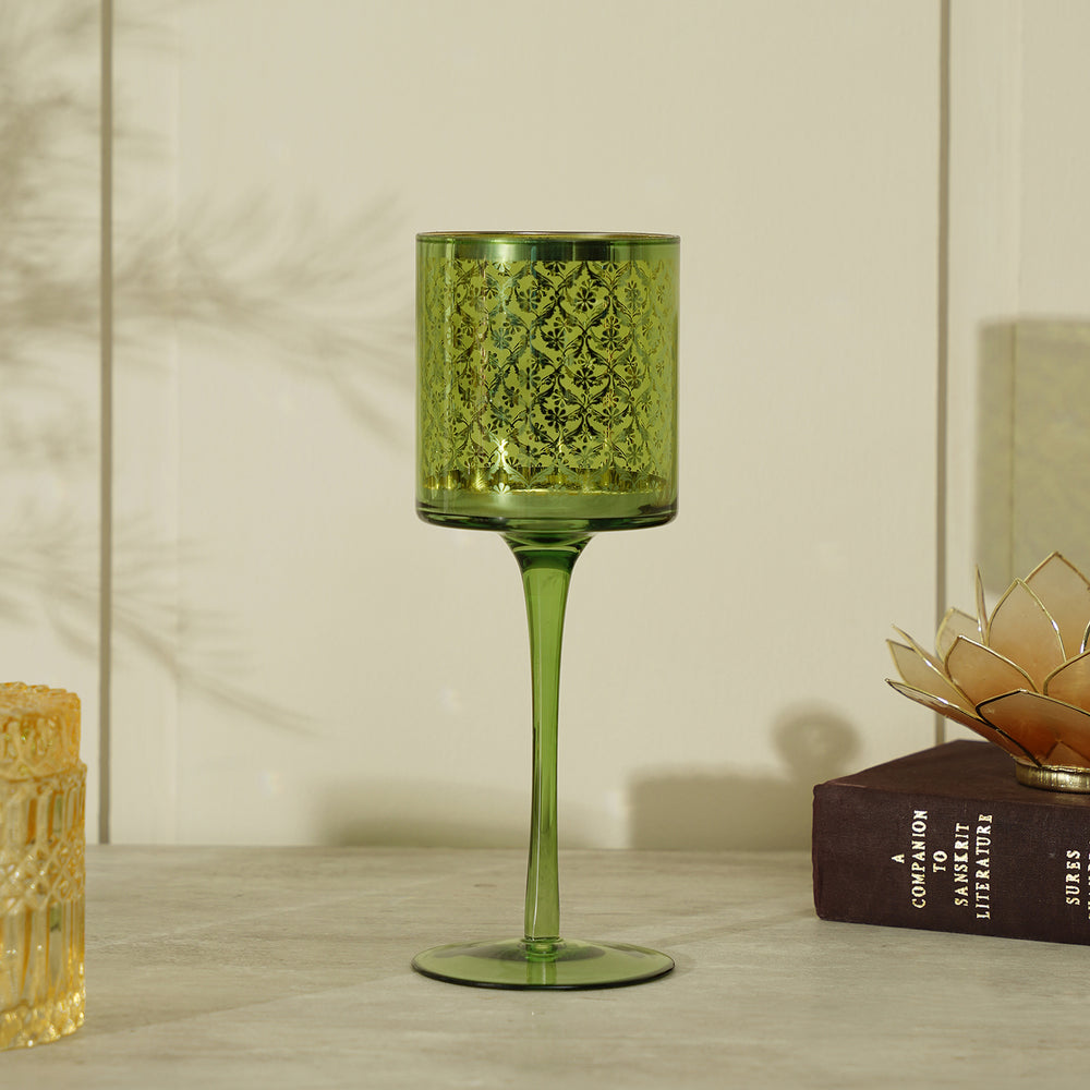 Green And Gold Patterned Glass Candle Holder - Large
