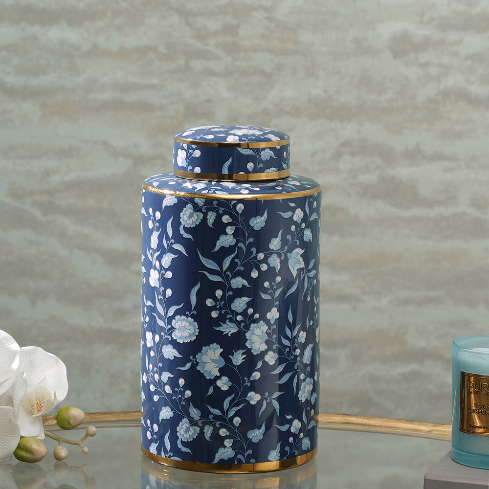 Blue Floral Pattern Ceramic Canister With Lid
