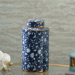 Blue Floral Pattern Ceramic Canister With Lid