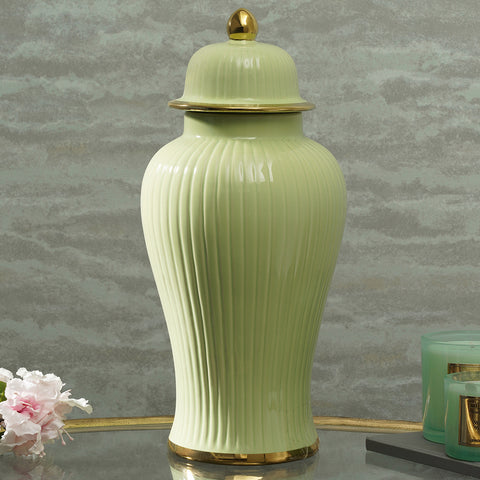 Green Ribbed Ceramic Urn - Large