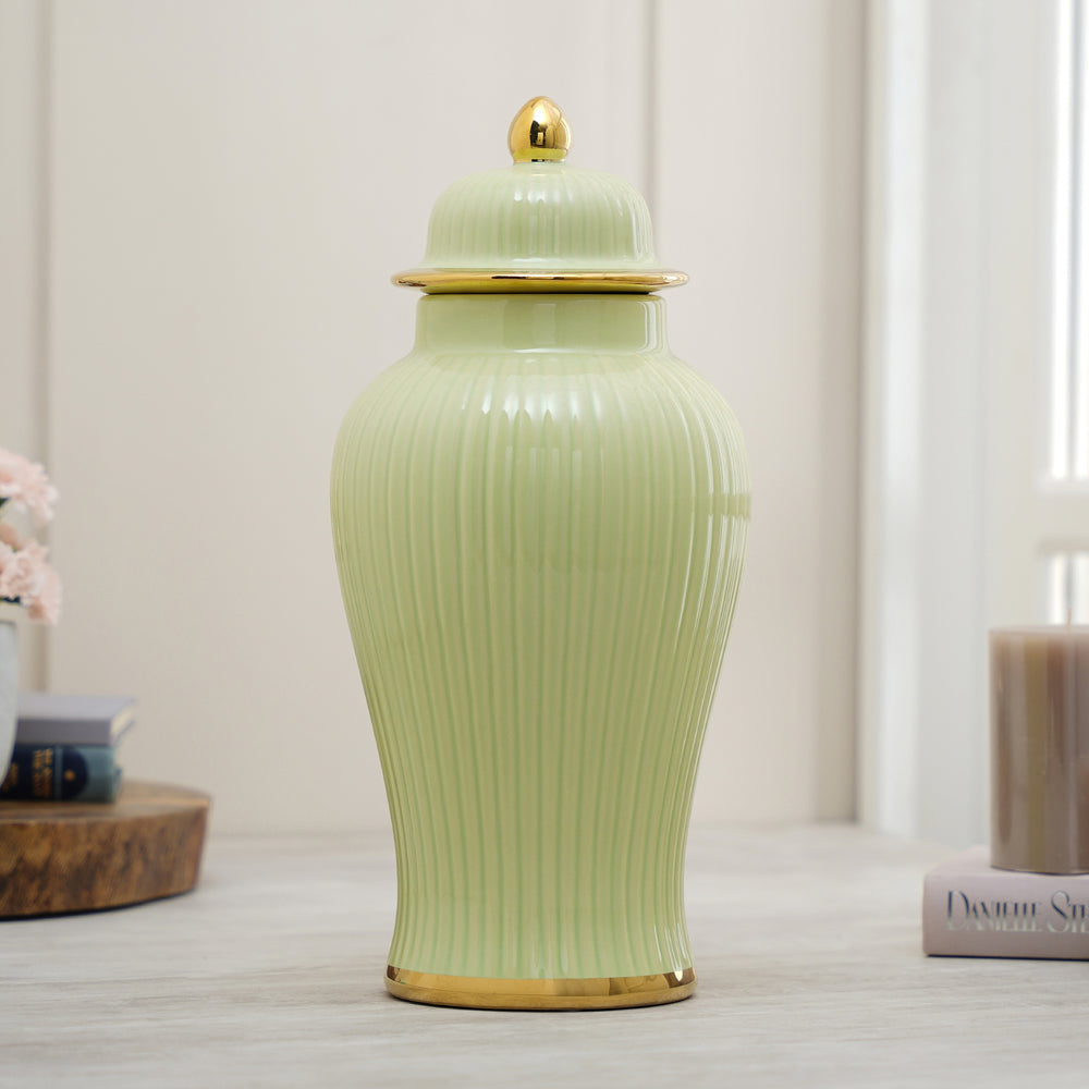 Green Ribbed Ceramic Urn