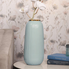 Blue Ribbed Ceramic Vase - Large
