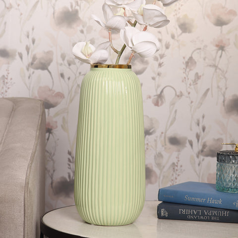 Green Ribbed Ceramic Vase