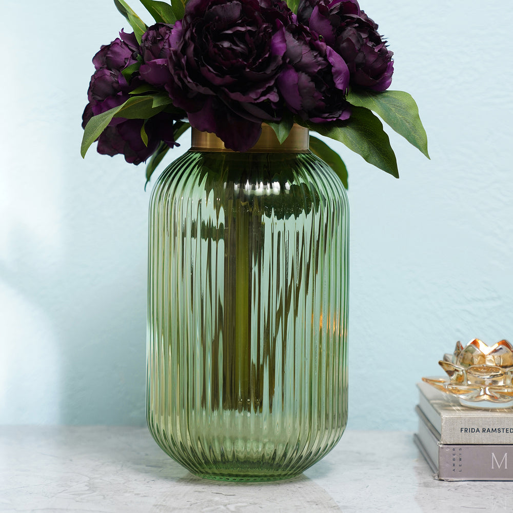 Dark Green Ribbed Glass Vase - Medium