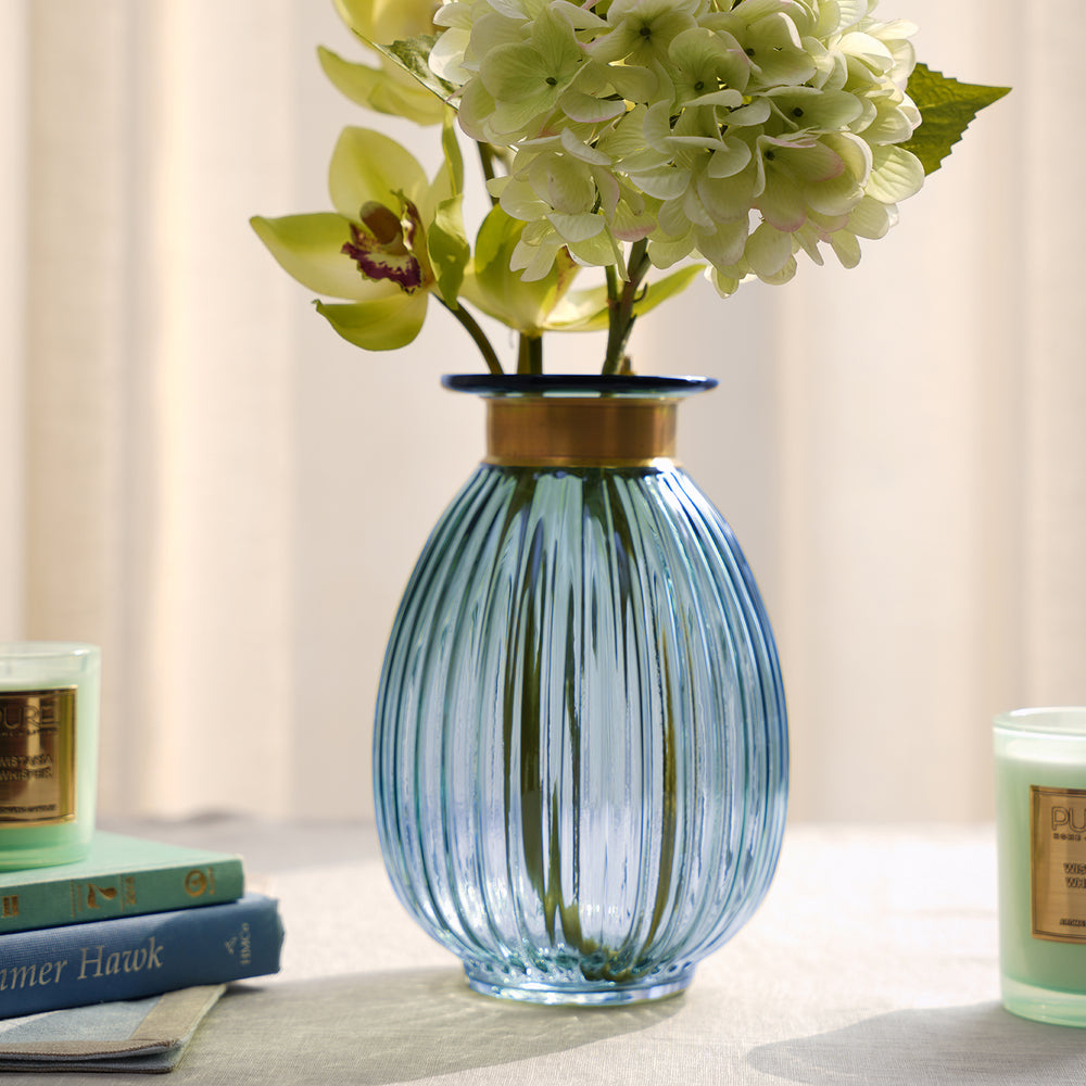 Blue Ribbed Glass Vase
