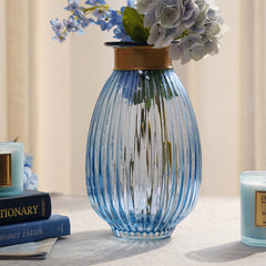 Blue Ribbed Glass Vase - Medium