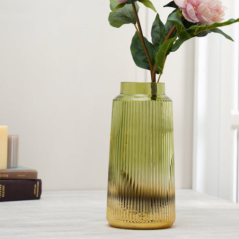 Green Ribbed Glass Vase - Medium