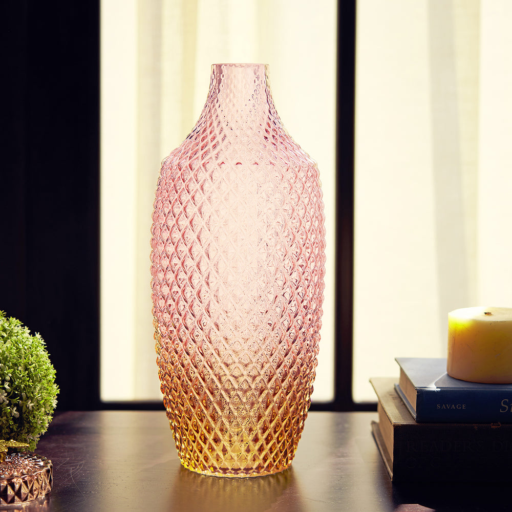 Pink Brown Ombre Diamond Cut Glass Vase - Medium