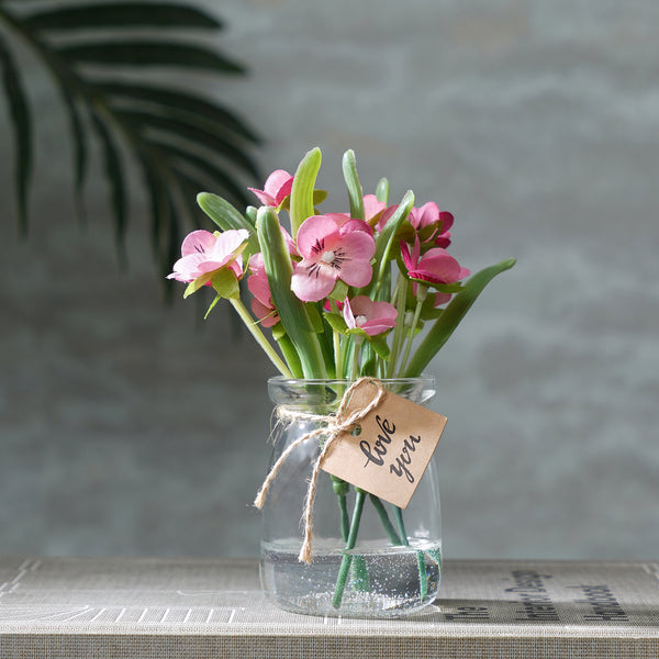Pink Artificial Wild Flowers with Glass Vase