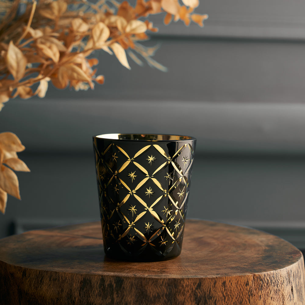 Set of 4 - Black & Gold Cutwork Glass Tumblers