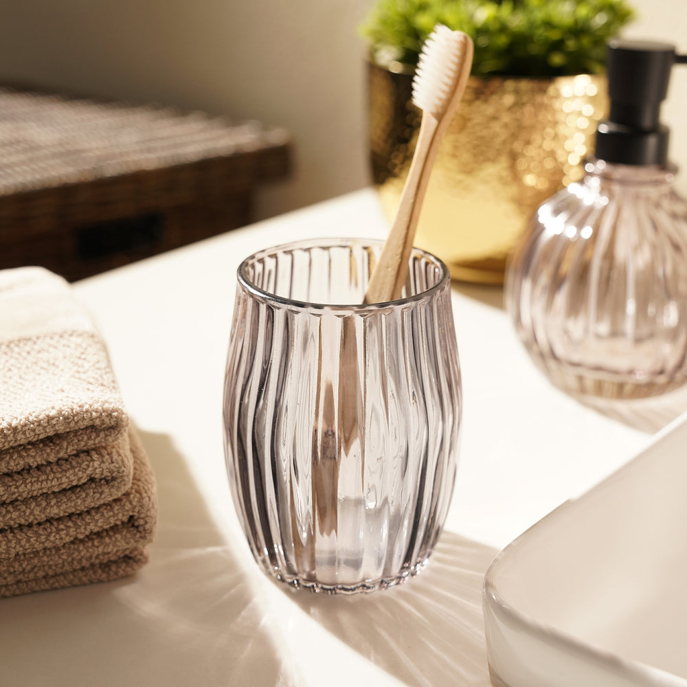 Black Ribbed Glass Toothbrush Holder