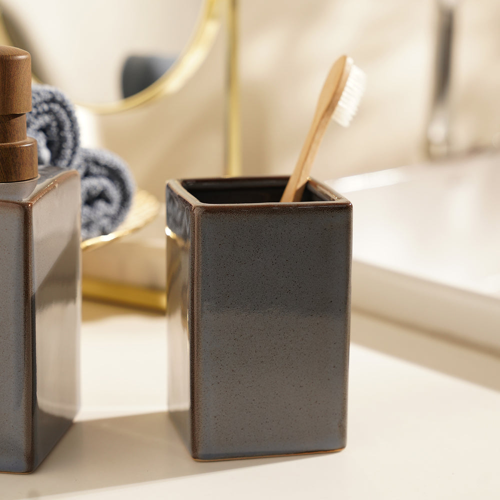 Grey Glazed Stone Toothbrush Holder