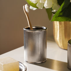 Silver Chrome Ribbed Porcelain Toothbrush Holder