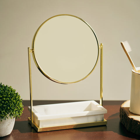 Gold Double Sided Metal Vanity Mirror With Polyresin Base