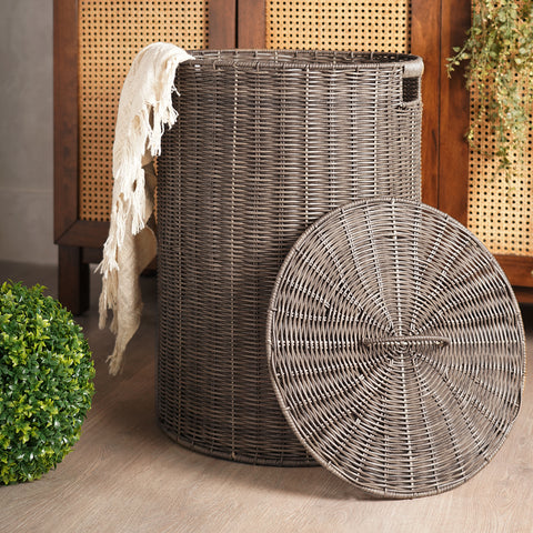 Brown Resin Wicker Laundry Basket With Lid