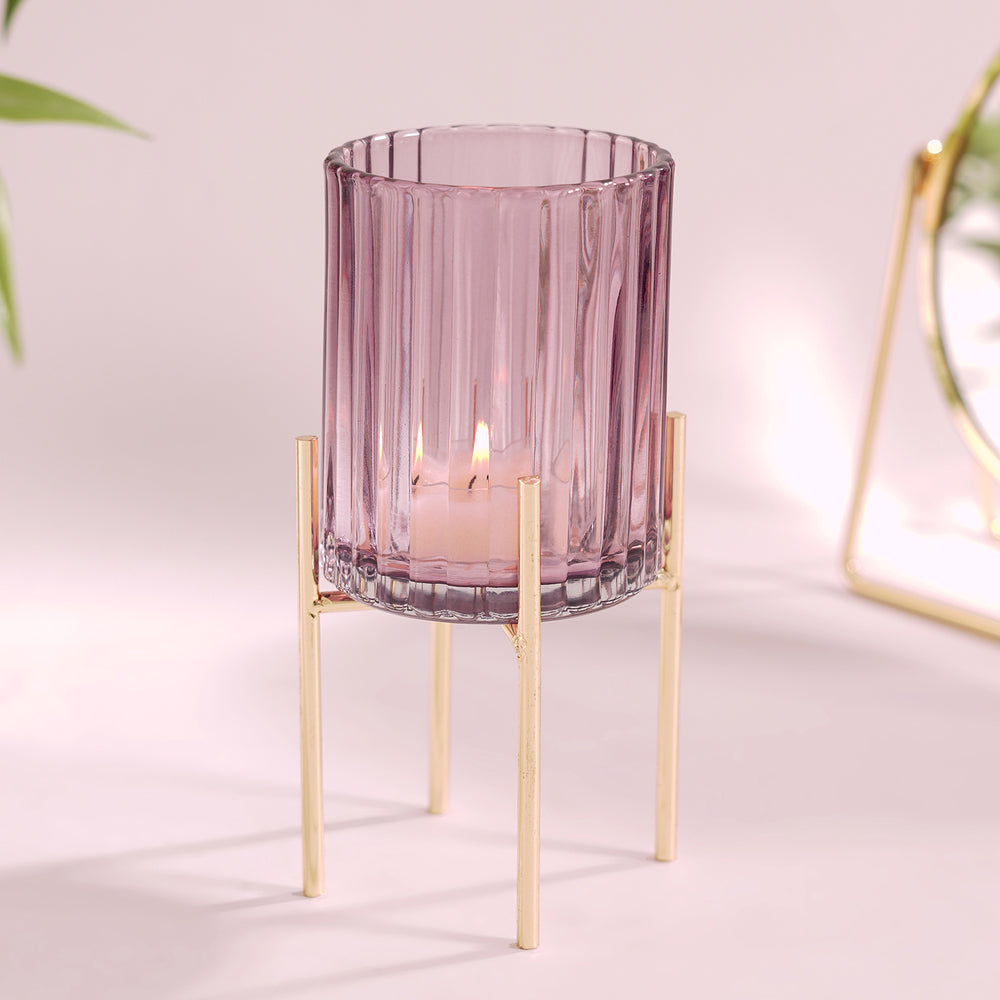 Purple Ribbed Glass Hurricane With Metal Stand