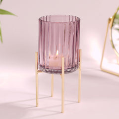 Purple Ribbed Glass Hurricane With Metal Stand