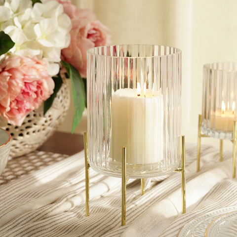 Clear Ribbed Glass Hurricane With Metal Stand - Medium