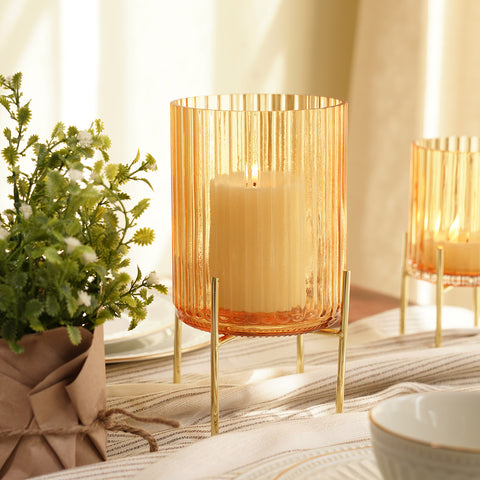 Gold Ribbed Glass Hurricane - Medium
