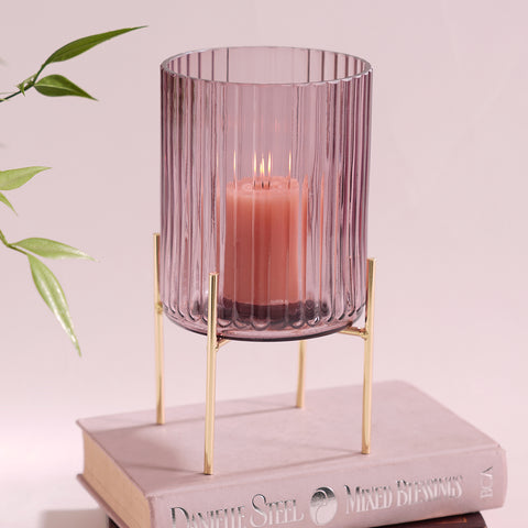 Purple Ribbed Glass Hurricane With Metal Stand - Medium