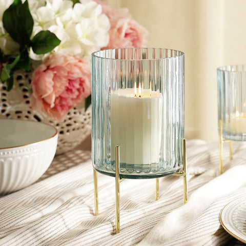 Blue Ribbed Glass Hurricane With Metal Stand