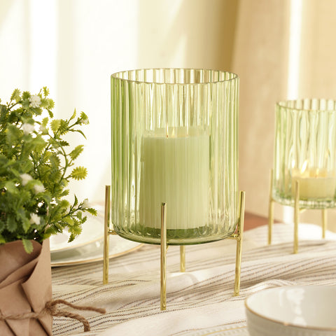 Green Ribbed Glass Hurricane With Metal Stand - Medium