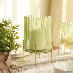 Green Ribbed Glass Hurricane With Metal Stand - Medium