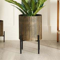 Black Iron Ribbed Planter With Stand Large