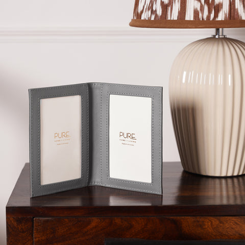 Grey Faux Leather 2 Side Photo Frame