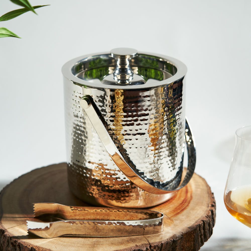 Silver Hammered Metal Ice Bucket with Tong