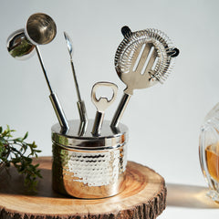 Silver Hammered Metal Bar Tool Set with Base