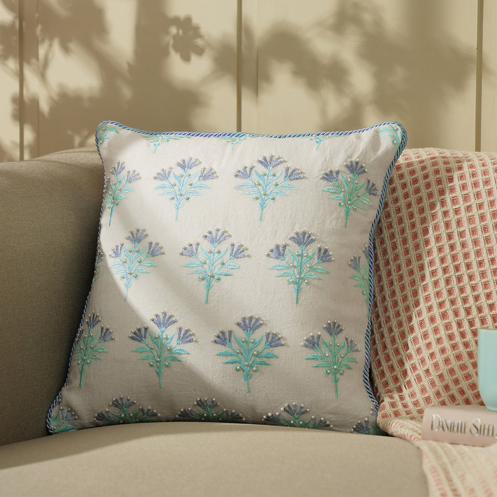 Blue Embroidered Cushion Cover With Beads