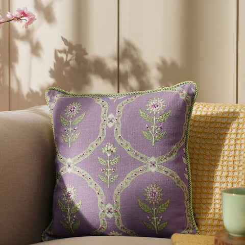 Purple Printed Embroidered Cotton Cushion Cover With Beads
