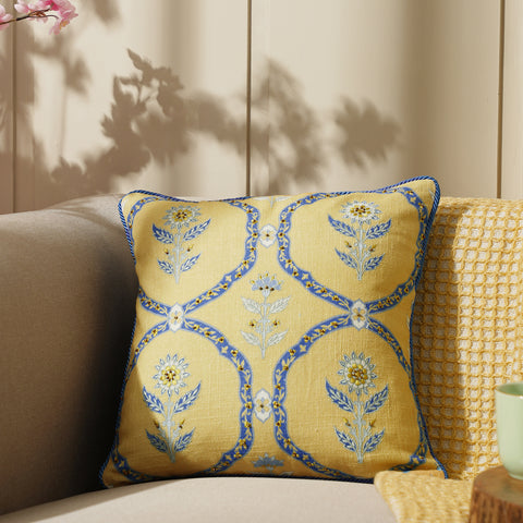 Mustard Printed Square Cushion Cover With Beads