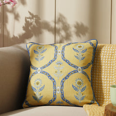 Mustard Printed Square Cushion Cover With Beads