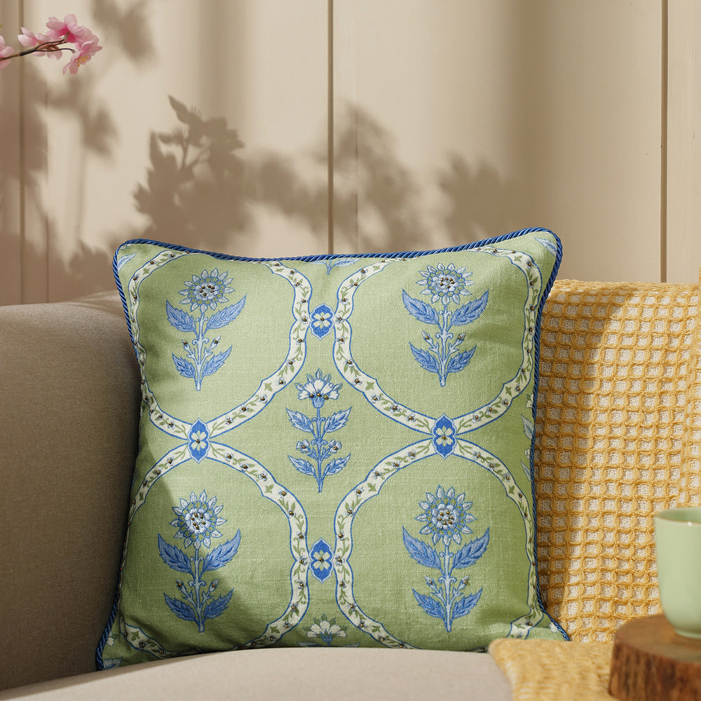 Green Printed Embroidered Cotton Cushion Cover With Beads