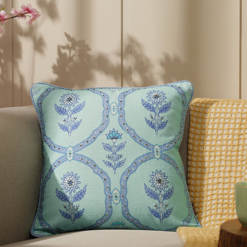 Blue Printed Embroidered Cotton Cushion Cover With Beads