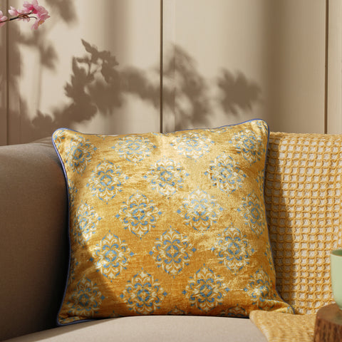 Yellow Printed Cushion Cover With Piping