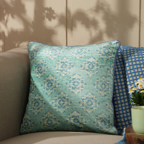 Blue Printed Cushion Cover With Piping
