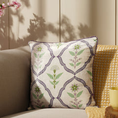 Purple Printed Cushion Cover With Pom Pom Lace