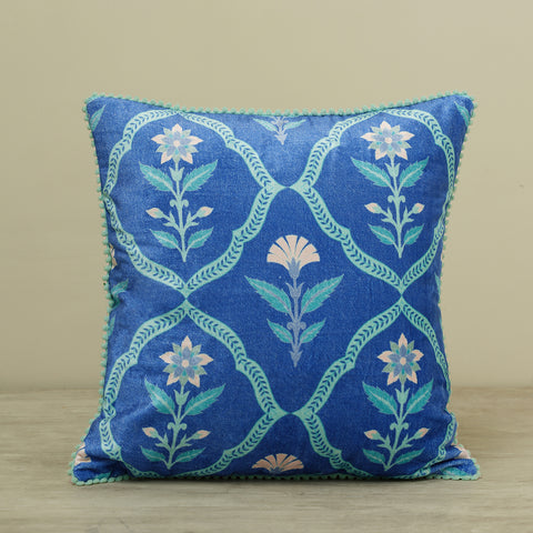 Blue Printed Cushion Cover With Pom Pom Lace