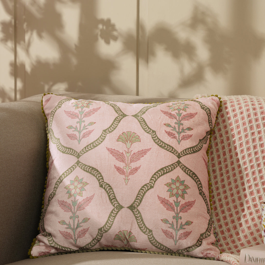 Shop Pink Printed Cushion Cover With Pom Pom Lace at Best Price