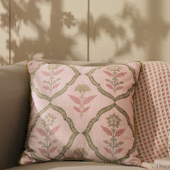 Pink Printed Cushion Cover With Pom Pom Lace
