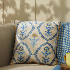 Blue Printed Cushion Cover With Pom Pom Lace
