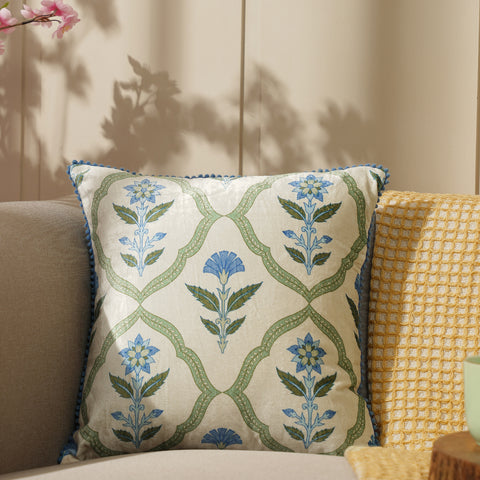 Green Printed Cushion Cover With Pom Pom Lace