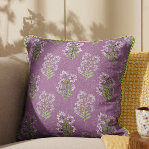 Purple Printed Embroidered Cotton Cushion Cover