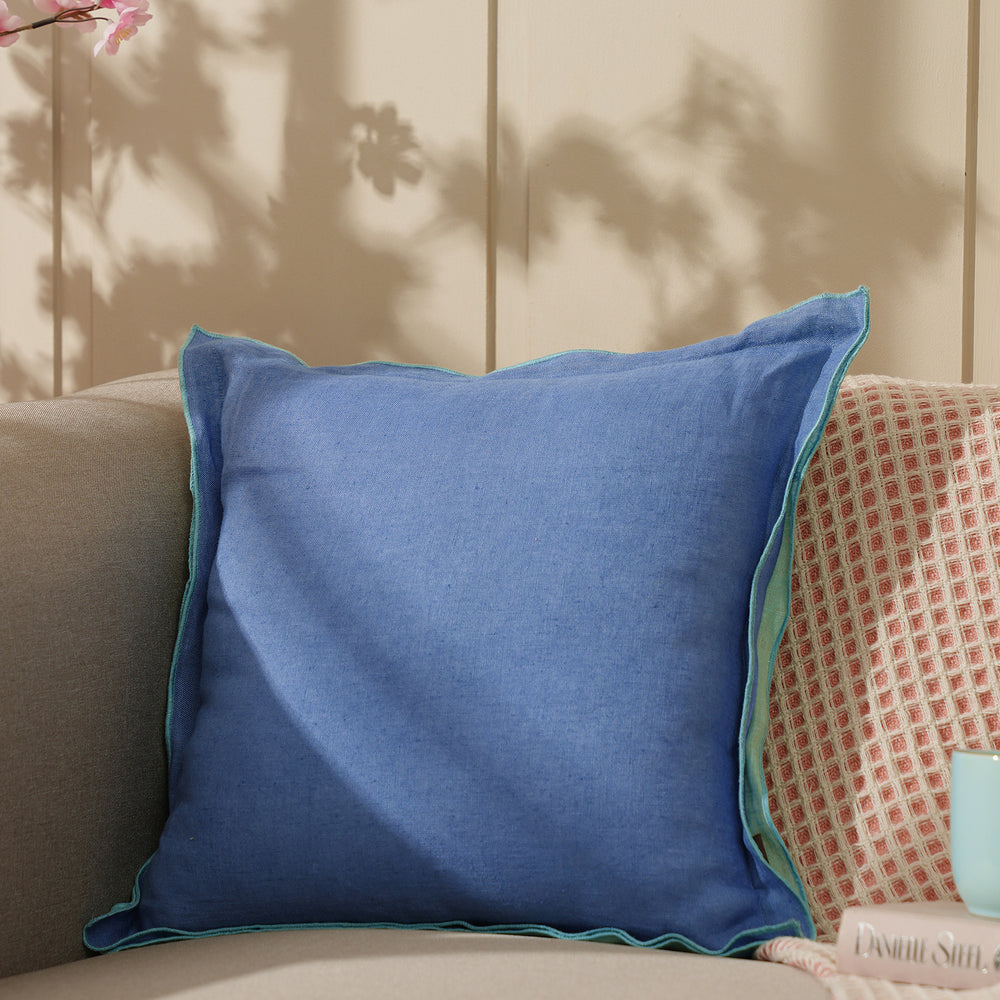 Blue Linen Cushion Cover With Overlock Edge