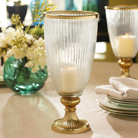 Clear Ribbed Glass Hurricane With Gold Stand