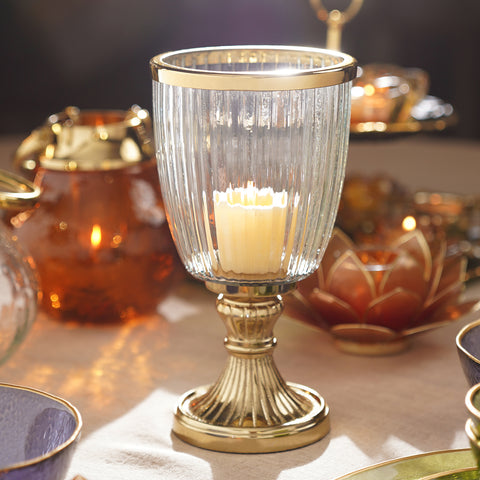 Clear Ribbed Glass Hurricane - Transparent