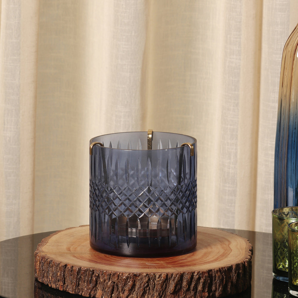 Blue Cut Glass Votive With Tea Light Hanger - Large